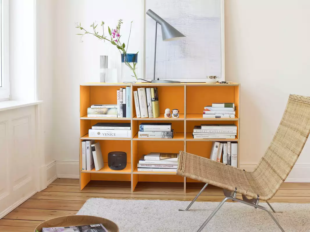 Bücherregal Farbton Orange, Birkenschichtholz mit Melaminharz beschichtet