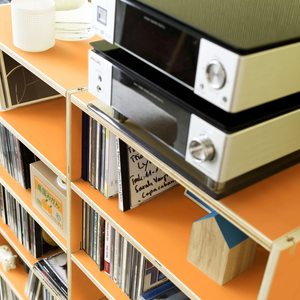 Querverleimtes Birkenschichtholz für CD's im modularen Stecksystem aus Holz