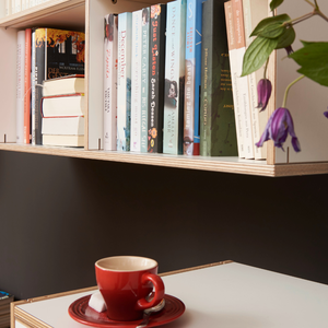Nachhaltige Bücherregale aus querverleimten Birkenschichtholz mit Melaminharz Beschichtet individuell konfigurierbar