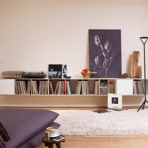 Individuell konfigurierbares Hängeregal für Schallplatten mit Türen. LP-Regalsysteme