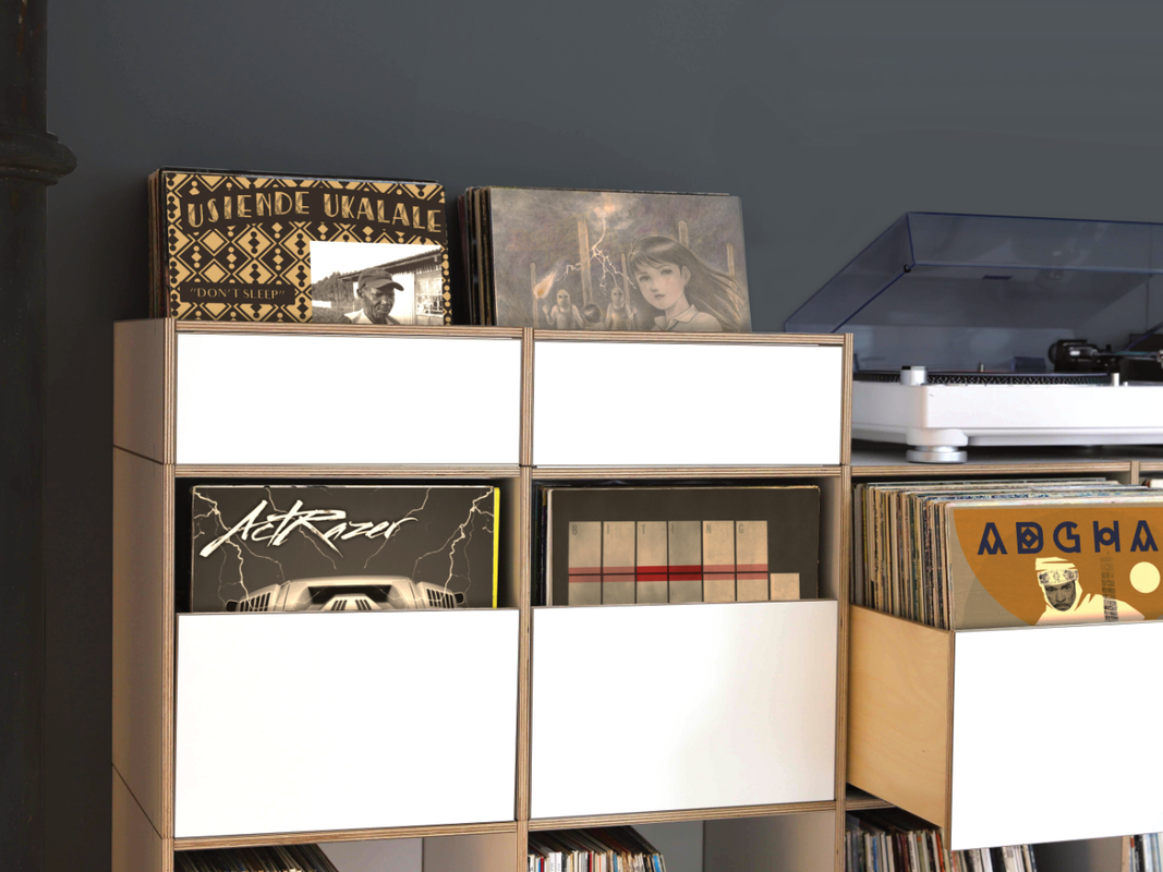 Modulares Regalsystem mit Schubladen für Schallplatten