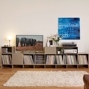LP-Regal aus Holz als TV- und Sideboard in einem.