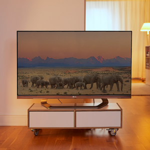 TV-Board auf Rollen mit zwei Schubladen.