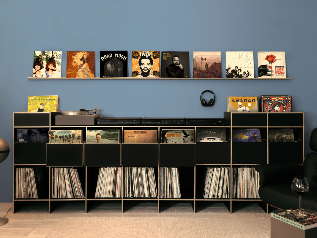 Individuell konfigurierbare Regalsysteme für Schallplatten mit Schubladen und Stöberfächern