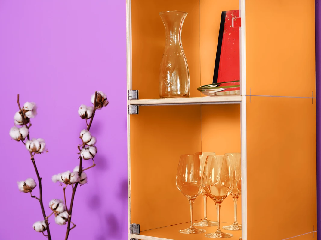 Erweiterbares Regalsystem mit Plexiglas Türen als Vitrine konfiguriert